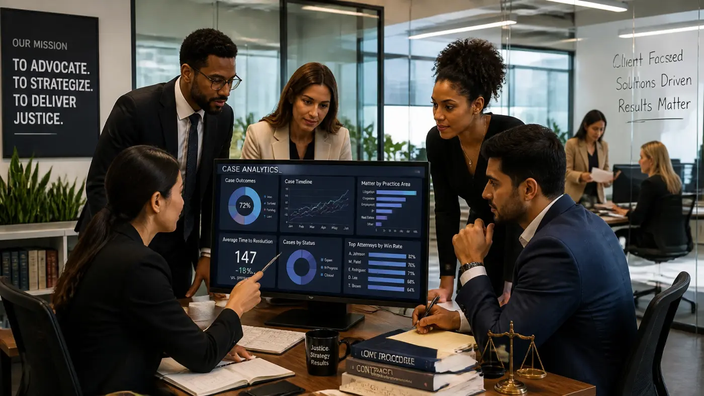 A diverse team of legal professionals collaborating in a high-tech Houston office, illustrating the result of successful, high-performance hiring.