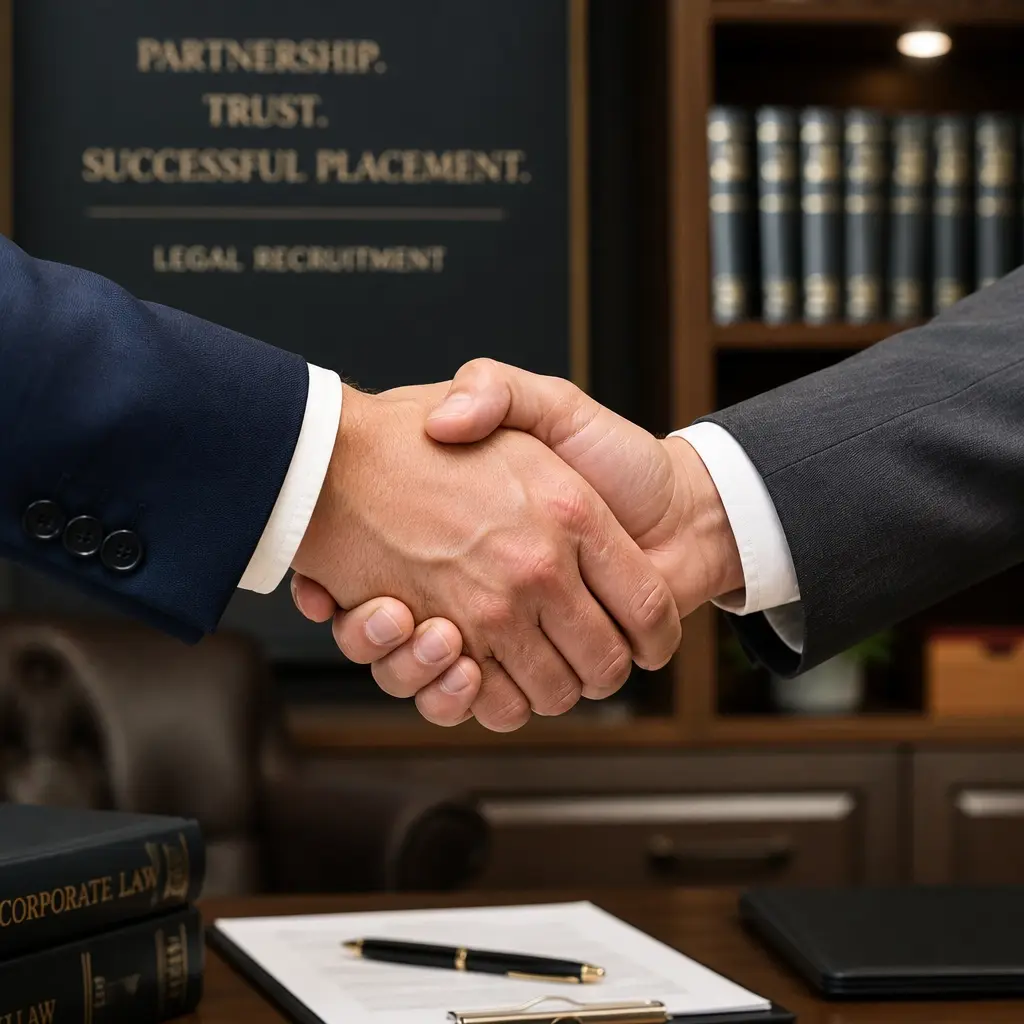 A professional handshake between a legal recruiter and a law firm partner, symbolizing trust and a successful high-performance placement.