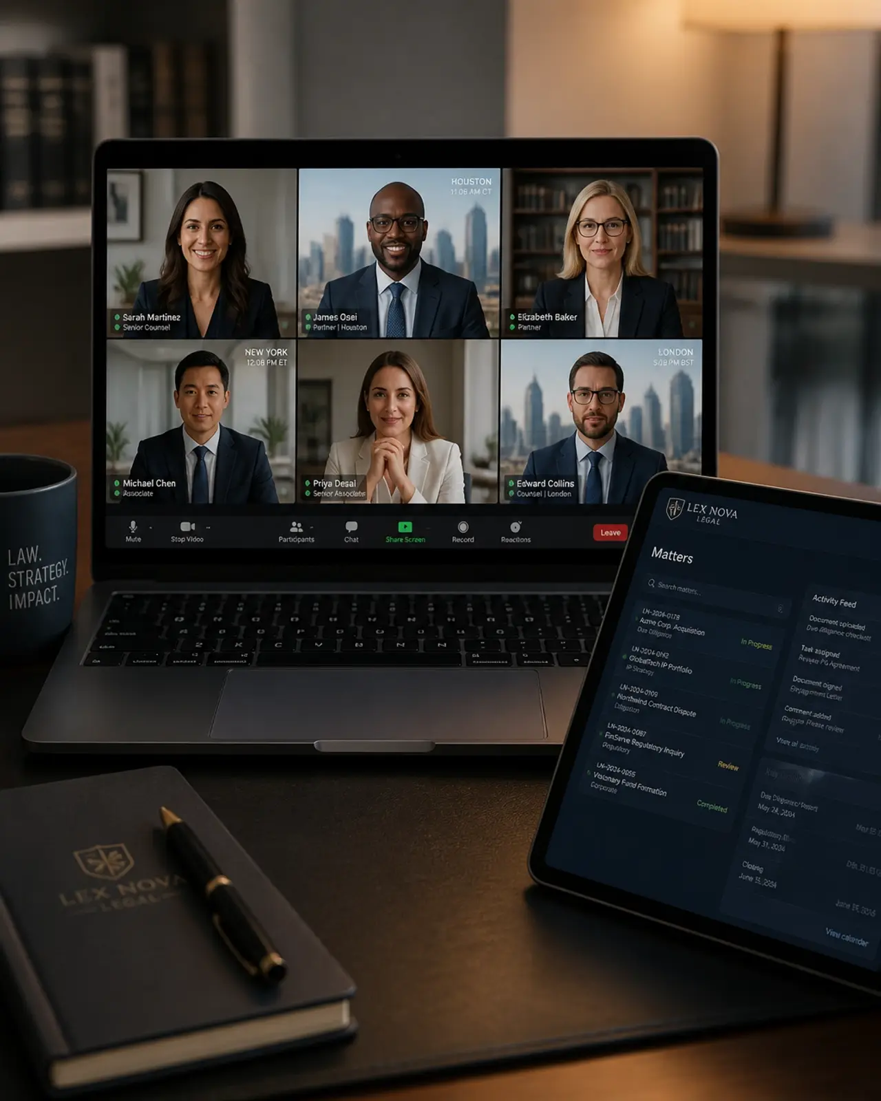 A diverse team of legal professionals collaborating via video call from different cities