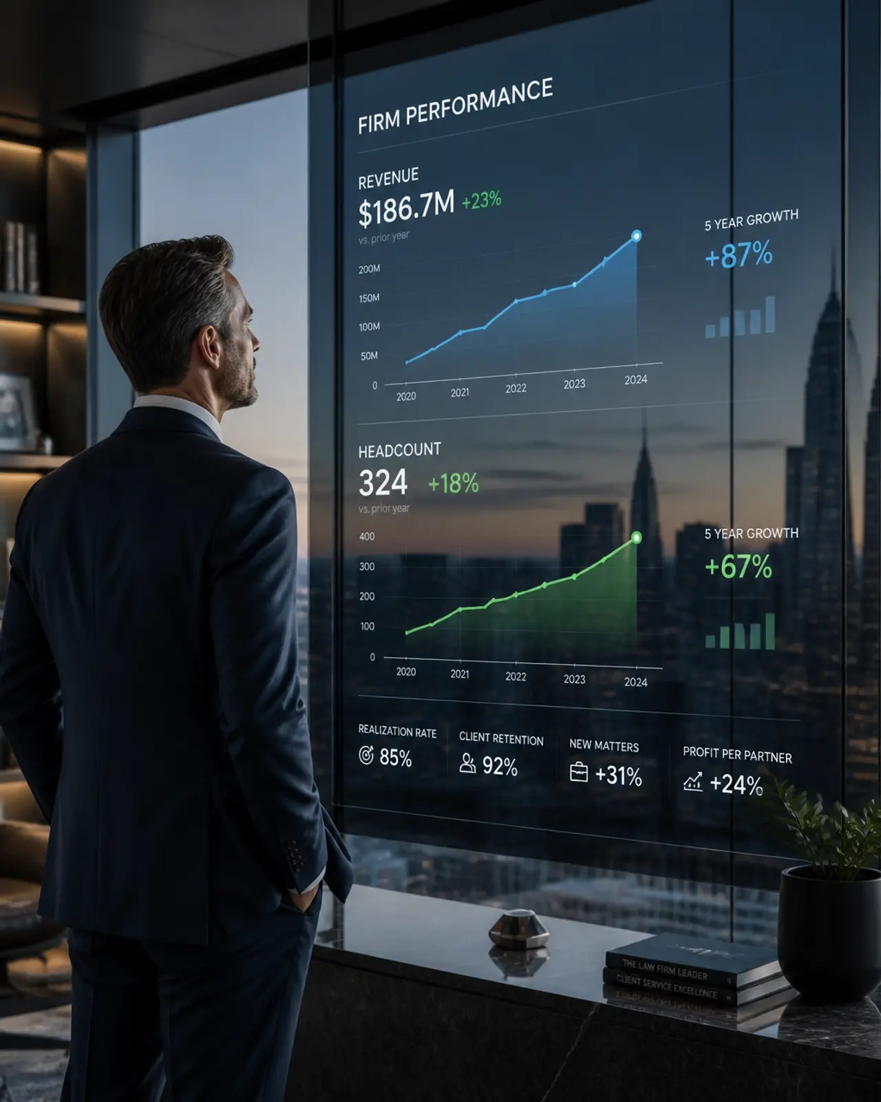 A law firm partner viewing a digital growth chart showing upward revenue trends