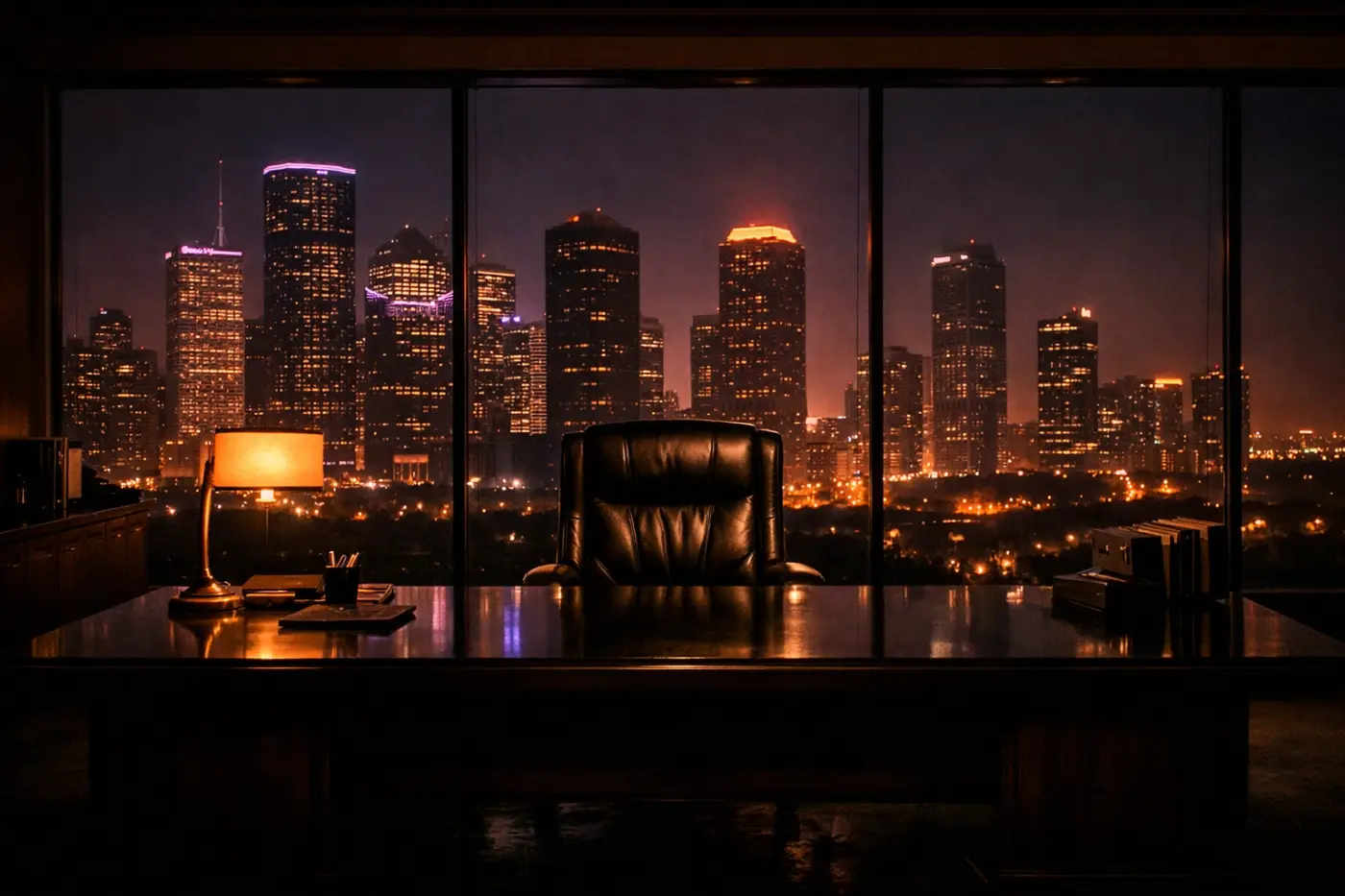 An empty Houston law firm office at night, illustrating the vacancy of a senior litigation paralegal role.