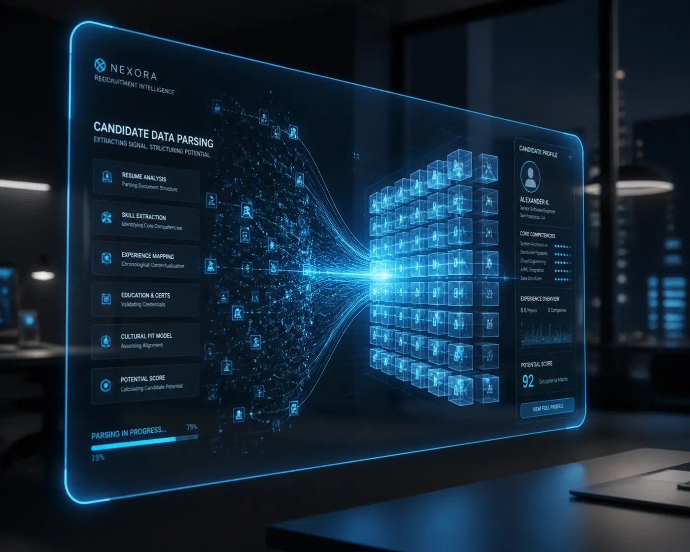Abstract digital screen showing legal resume data being parsed and organized by modern recruiting technology.