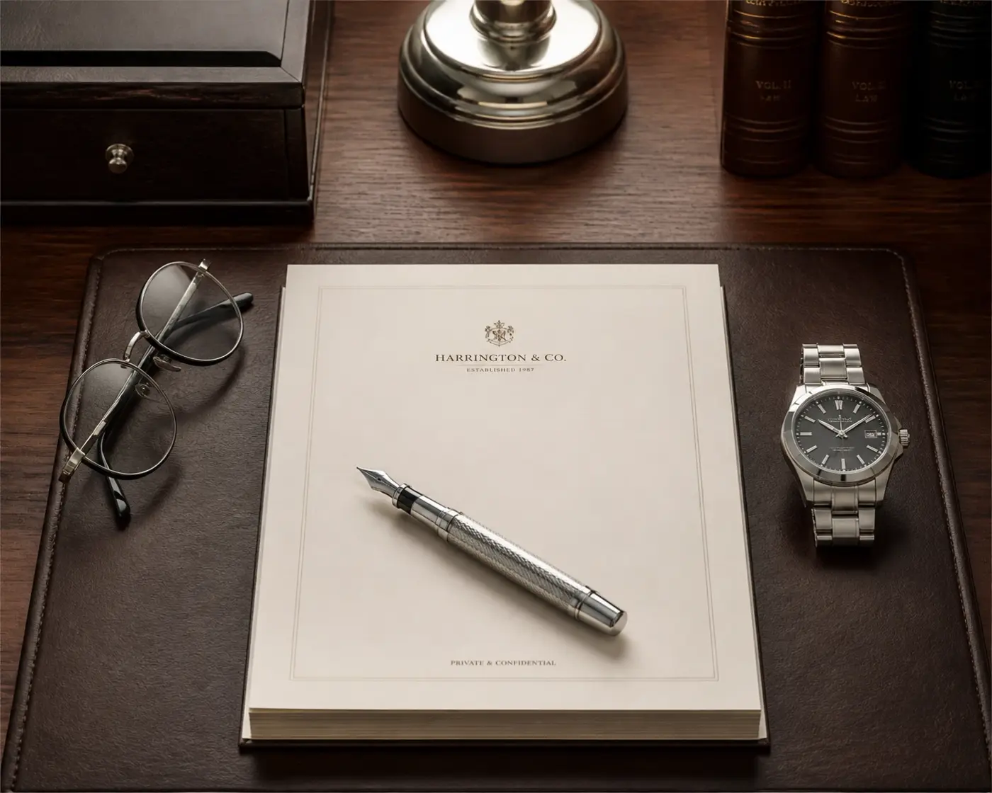 A sleek executive desk with a fountain pen and paper, illustrating the professional polish of a legal resume.