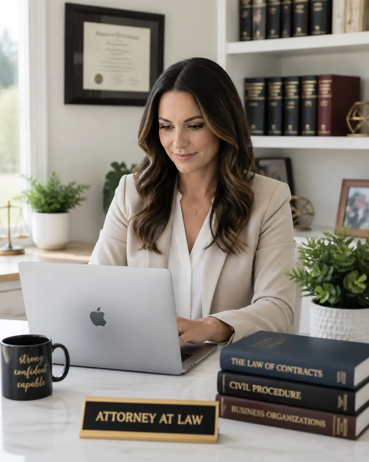 A professional female attorney working from a modern, well-lit home office, symbolizing successful remote legal recruiting