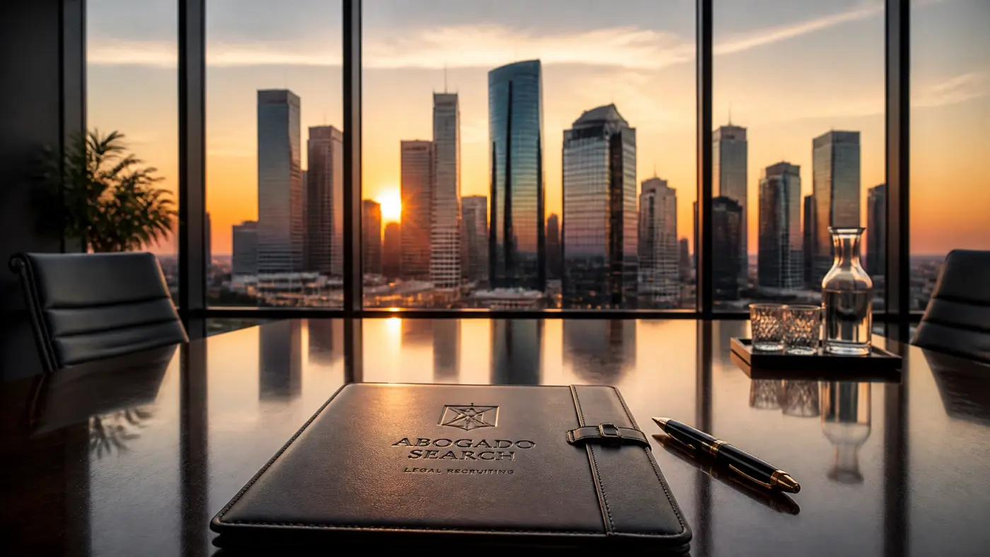 The Houston skyline viewed through a luxury law firm window, representing the intersection of local presence and borderless recruiting