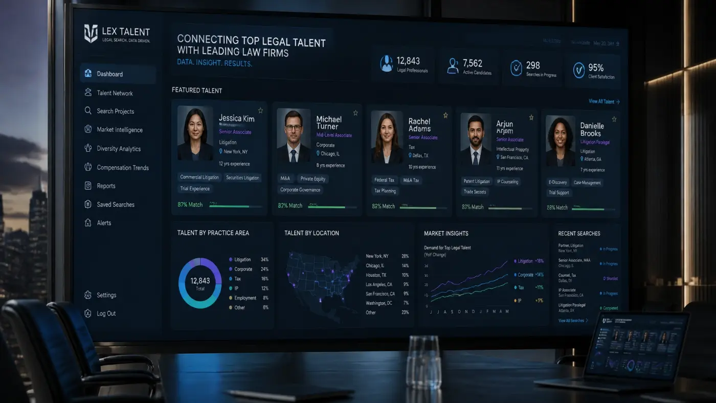 A digital dashboard visualizing candidate profiles from across the country, showing the power of modern legal search firms