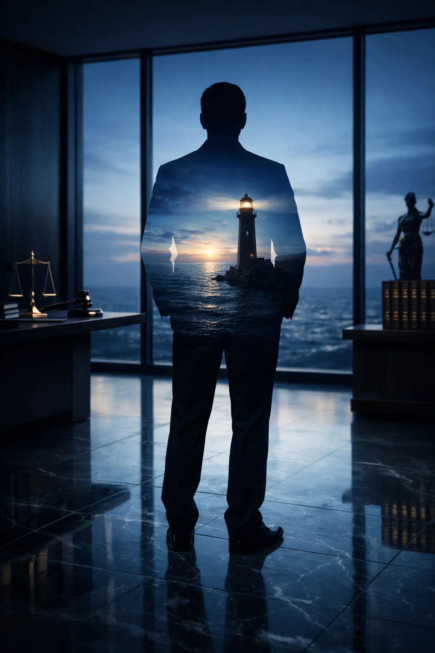 Silhouette of a professional in a law office representing the leadership and judgment found by expert attorney headhunters.