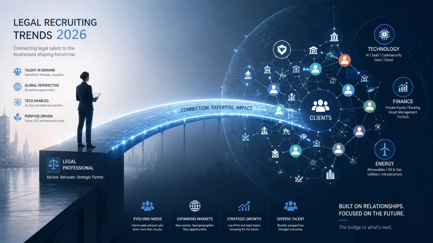 An abstract digital bridge connecting a legal professional to a diverse ecosystem of industry icons like tech and finance.