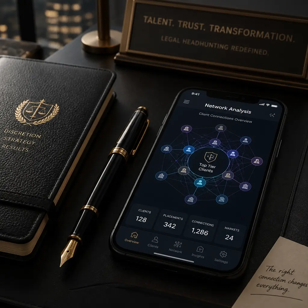 A professional desk with a smartphone displaying a network analysis graph of client connections.