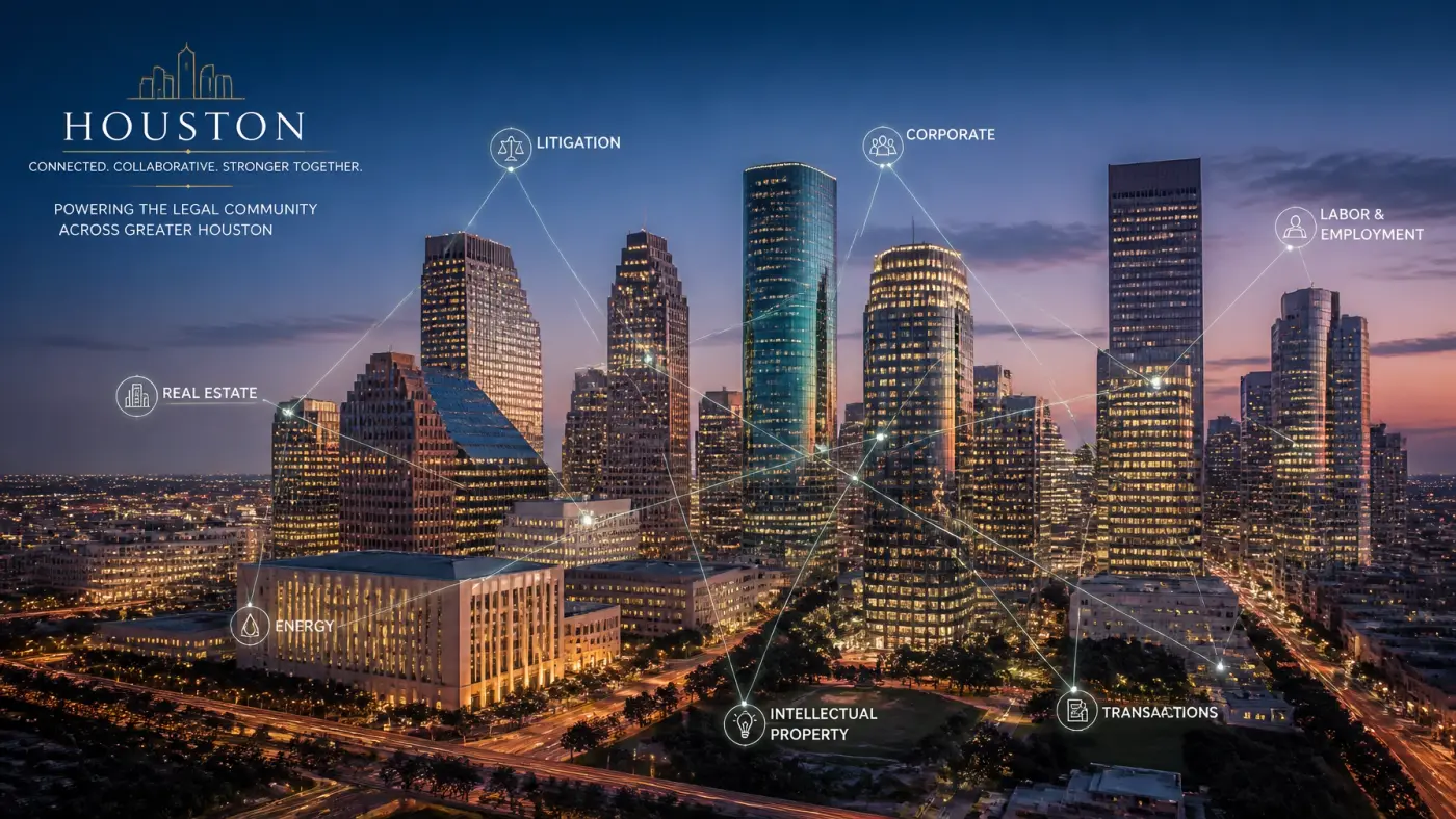 The Houston skyline representing the density of the local legal network and professional connectivity.