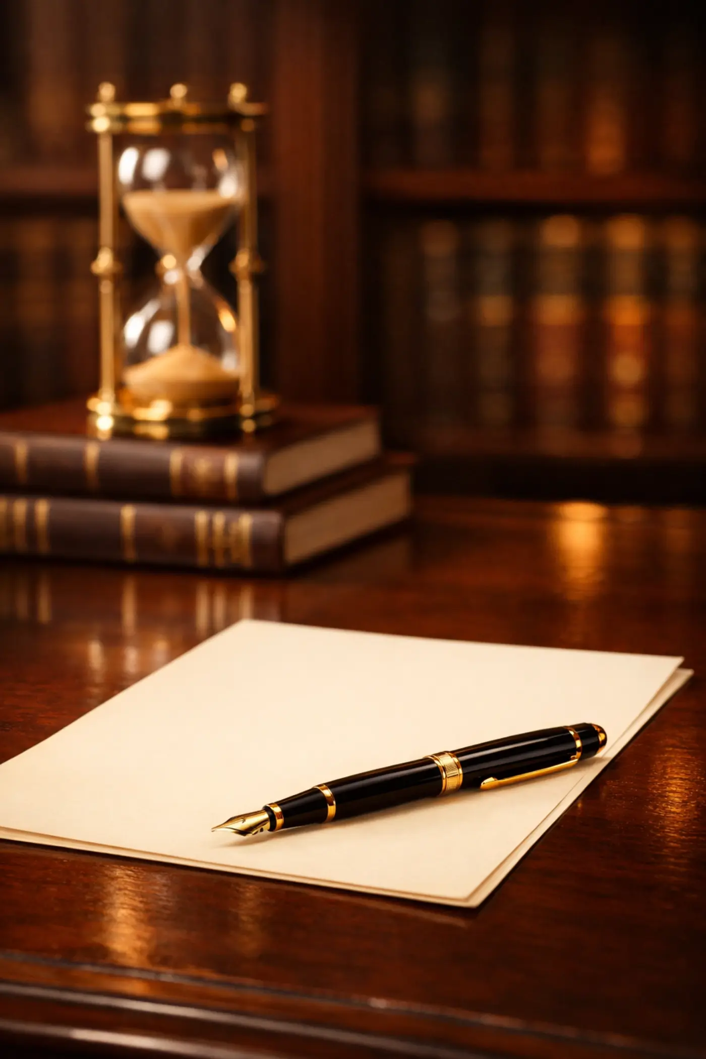 Fountain pen and hourglass on a law office desk representing efficient legal recruiting.