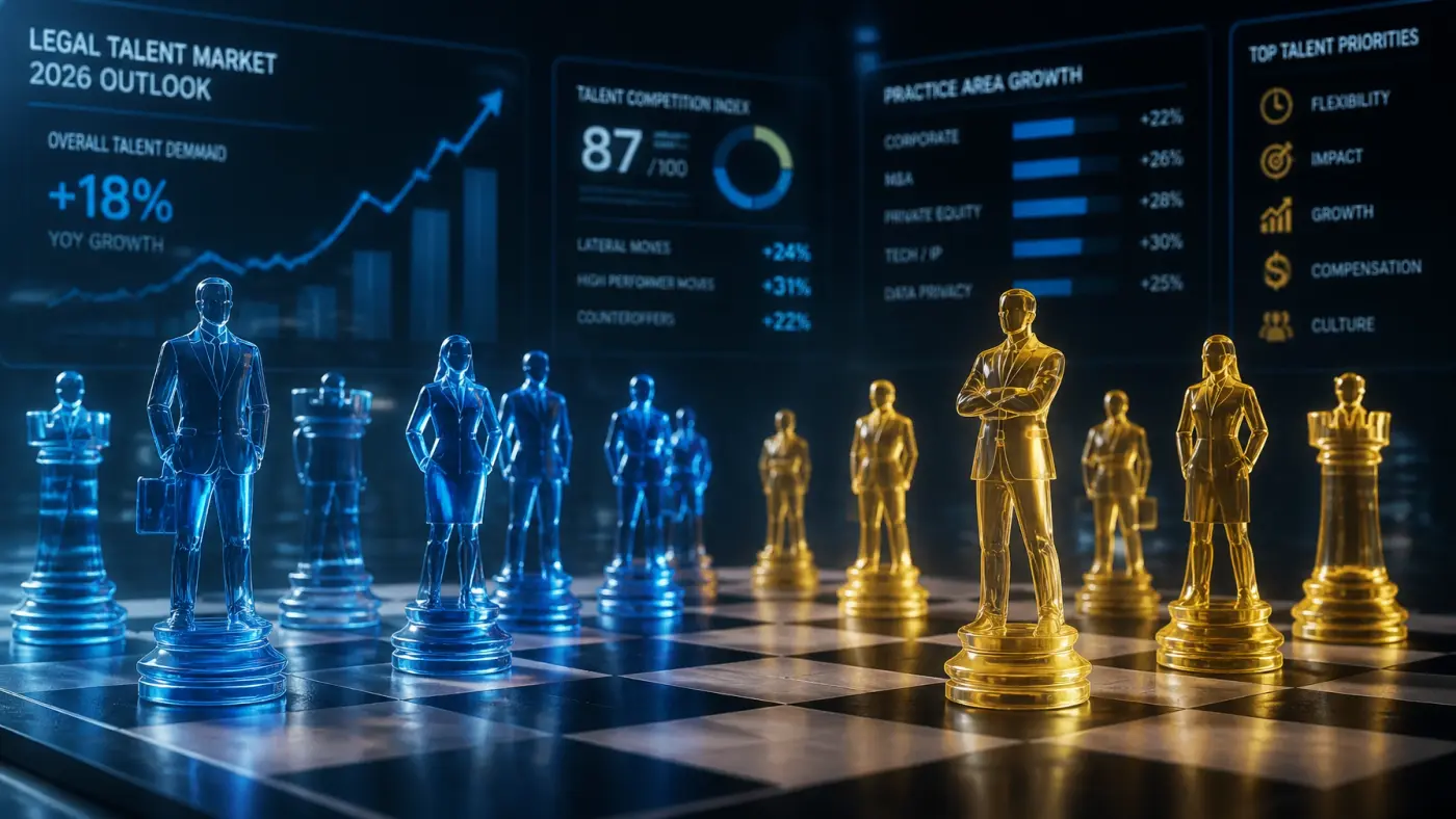 Abstract visualization of the 2026 legal talent war and strategic recruitment
