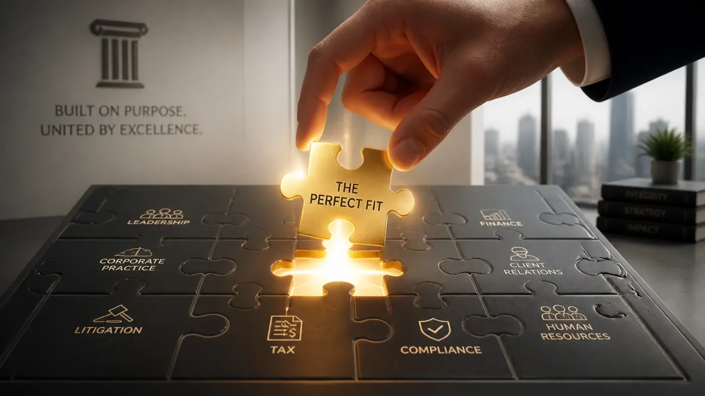 A golden puzzle piece being placed into a law firm structure representing the perfect hire