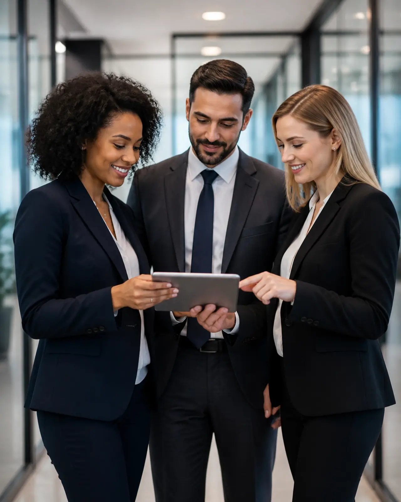 A diverse group of professional legal experts collaborating in a modern office, representing partnership and strategic discussion.