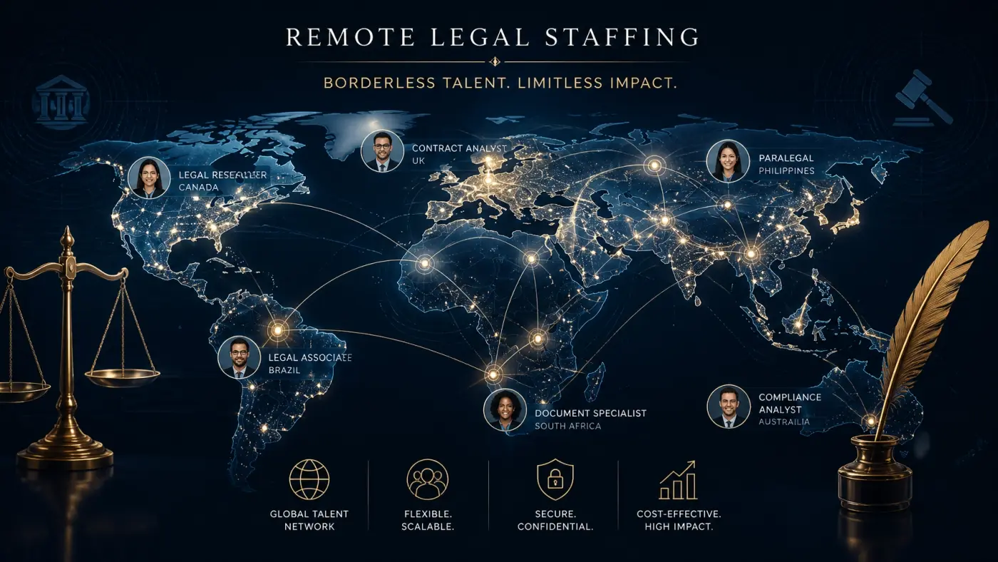 A digital map of the world glowing with interconnected nodes, symbolizing remote legal staffing and a global talent network.