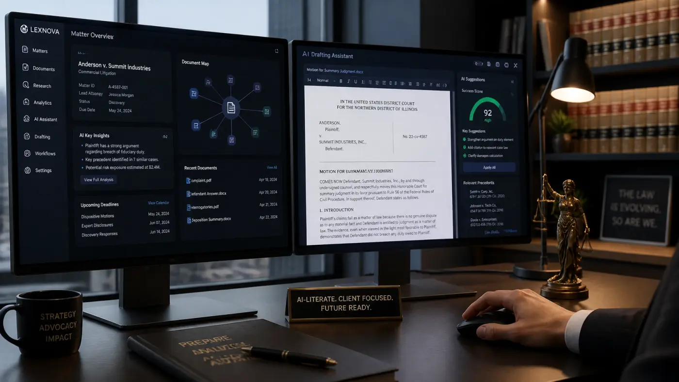 A modern legal workspace with a dual-monitor setup showing AI data visualization and legal software.