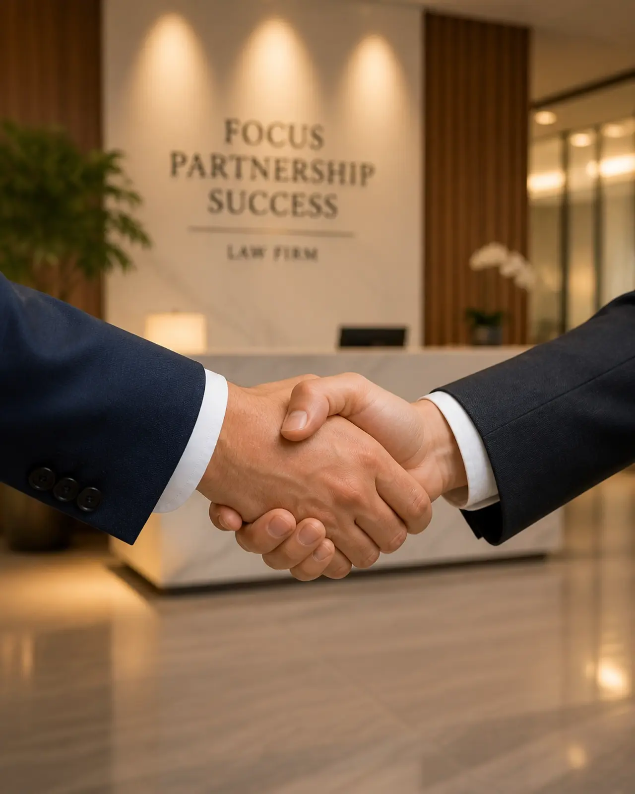 A close-up of a handshake between professionals in a modern law firm lobby, representing a successful placement and partnership.