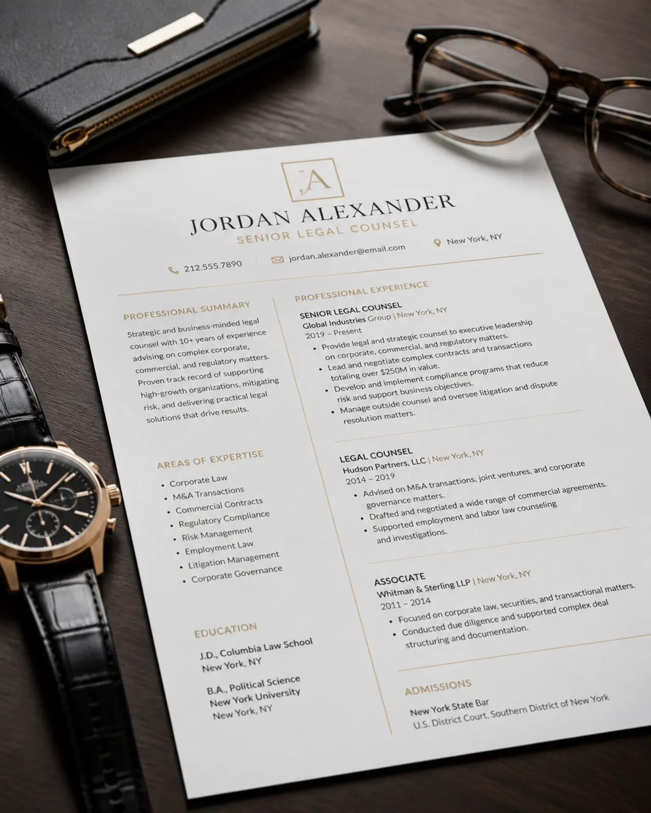 A close-up of a high-quality professional resume and professional accessories, symbolizing elite legal vetting.