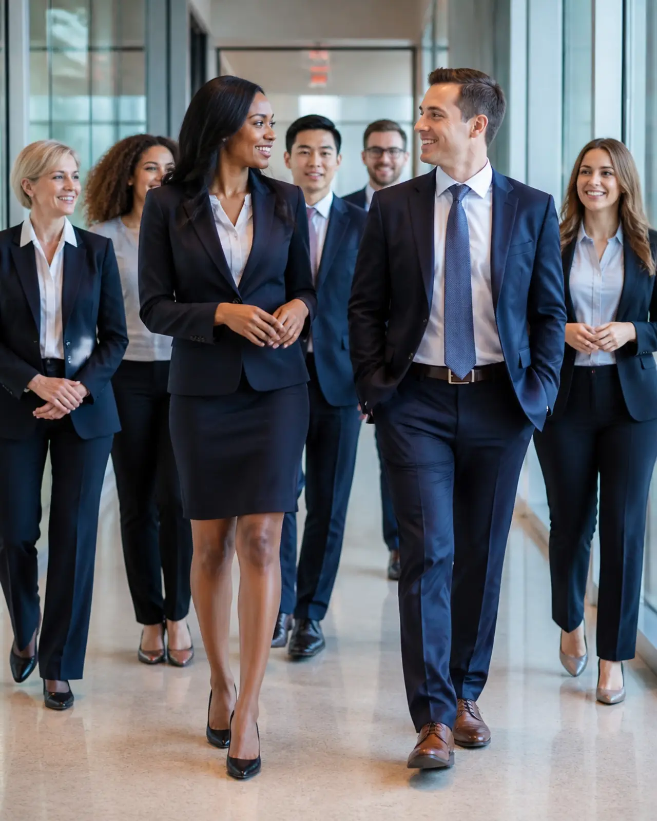 A group of diverse, professional legal team members walking confidently through a modern office, representing successful integration.