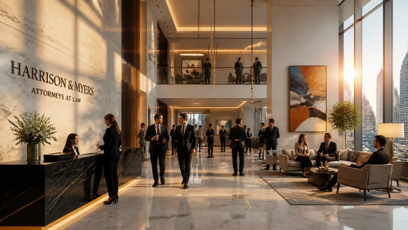 A vibrant, upscale law firm lobby representing the ultimate goal of rapid, successful growth.