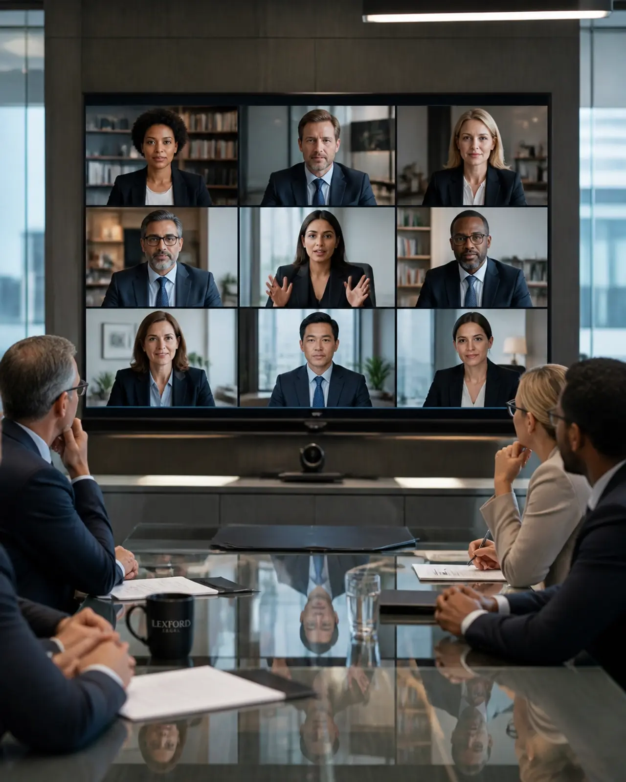A diverse group of legal professionals in a professional video grid, showing high-stakes remote collaboration.