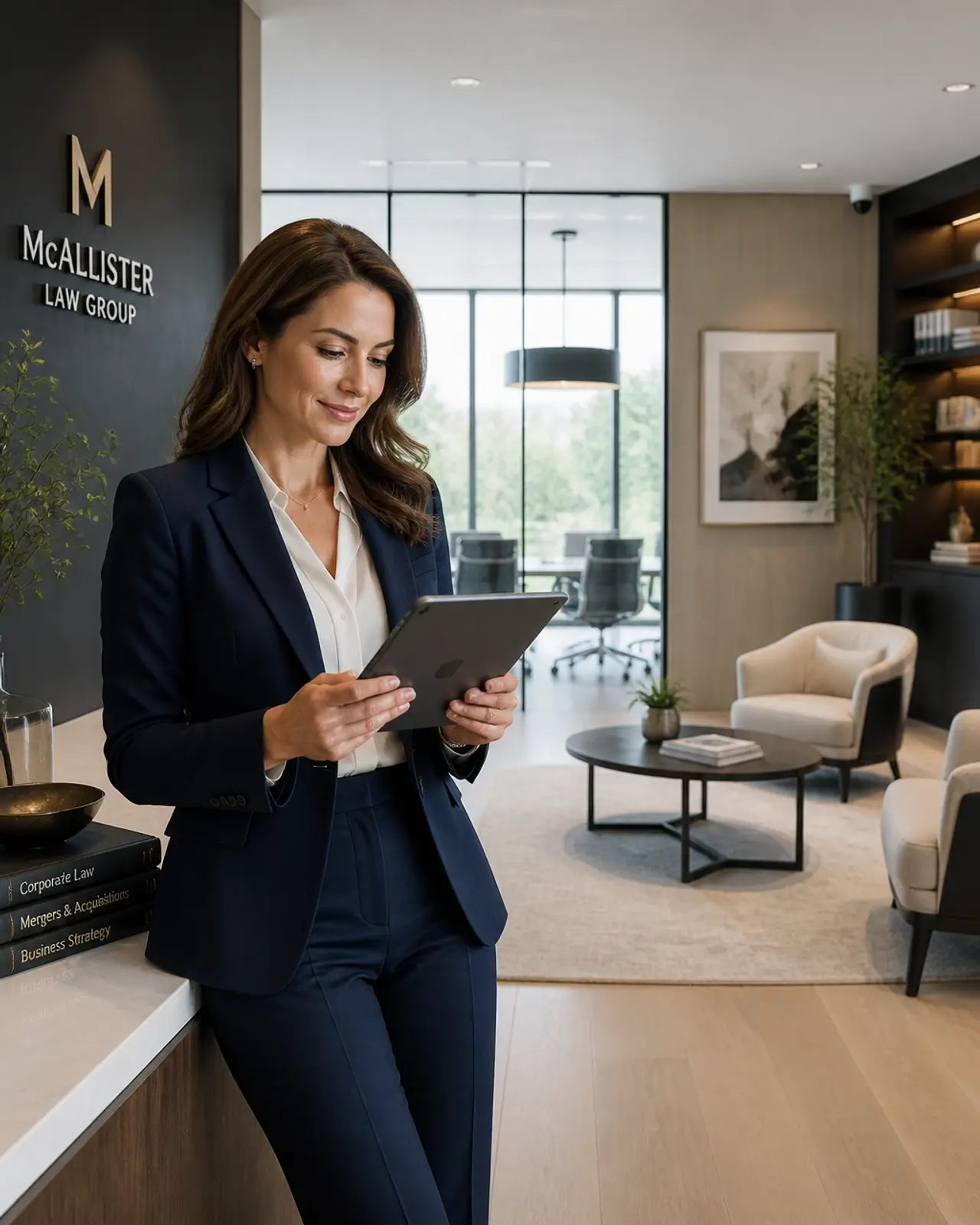 A law firm partner looking satisfied while using a tablet, symbolizing a successful and streamlined modern firm.