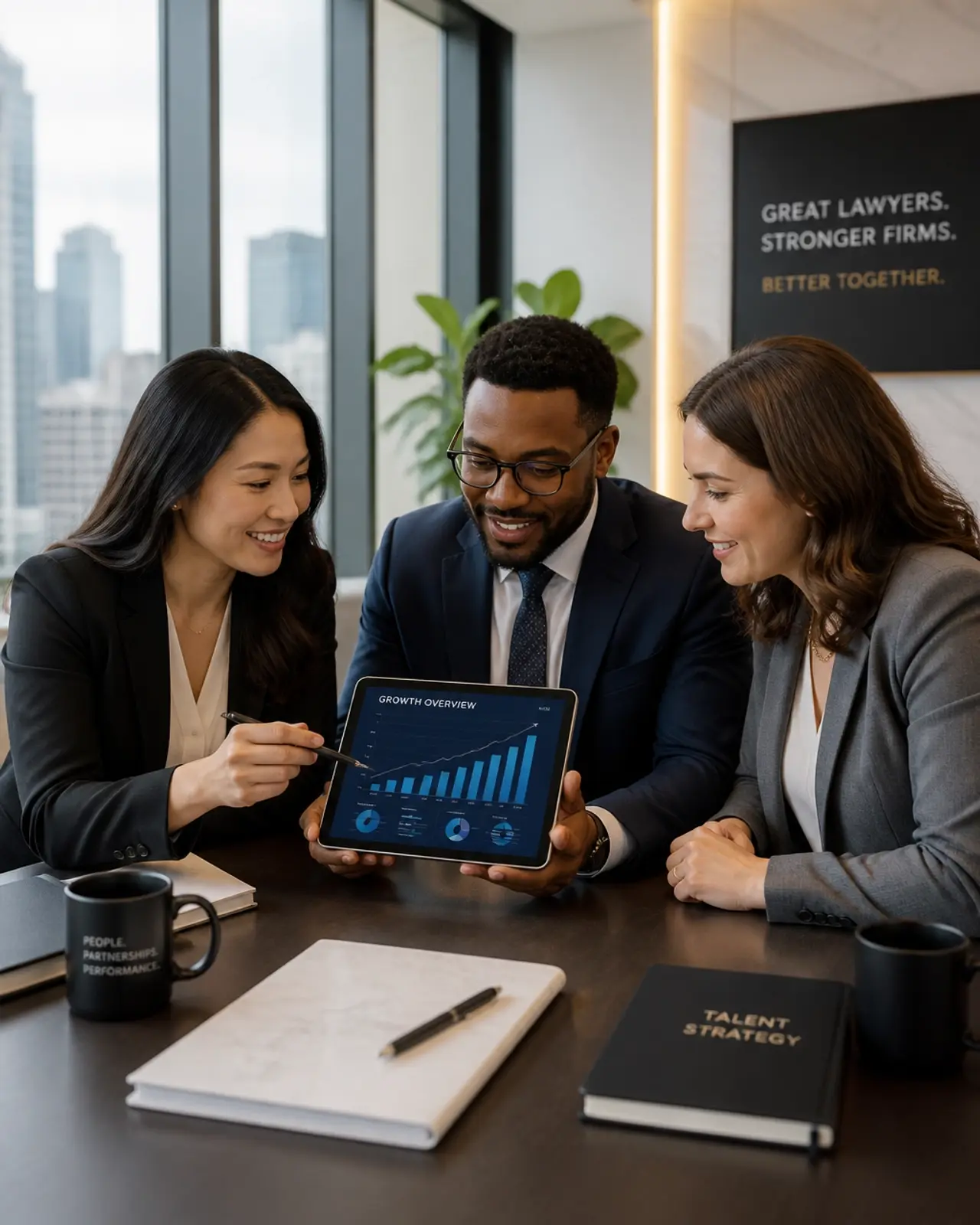 A team of professional legal recruiters in a modern conference room reviewing growth charts for a law firm’s expansion plan.