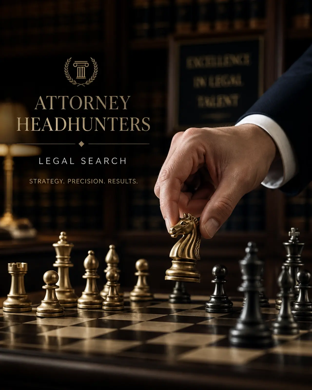 A hand in a suit moving a chess piece, representing the strategic and precise nature of attorney headhunters and legal search firms.