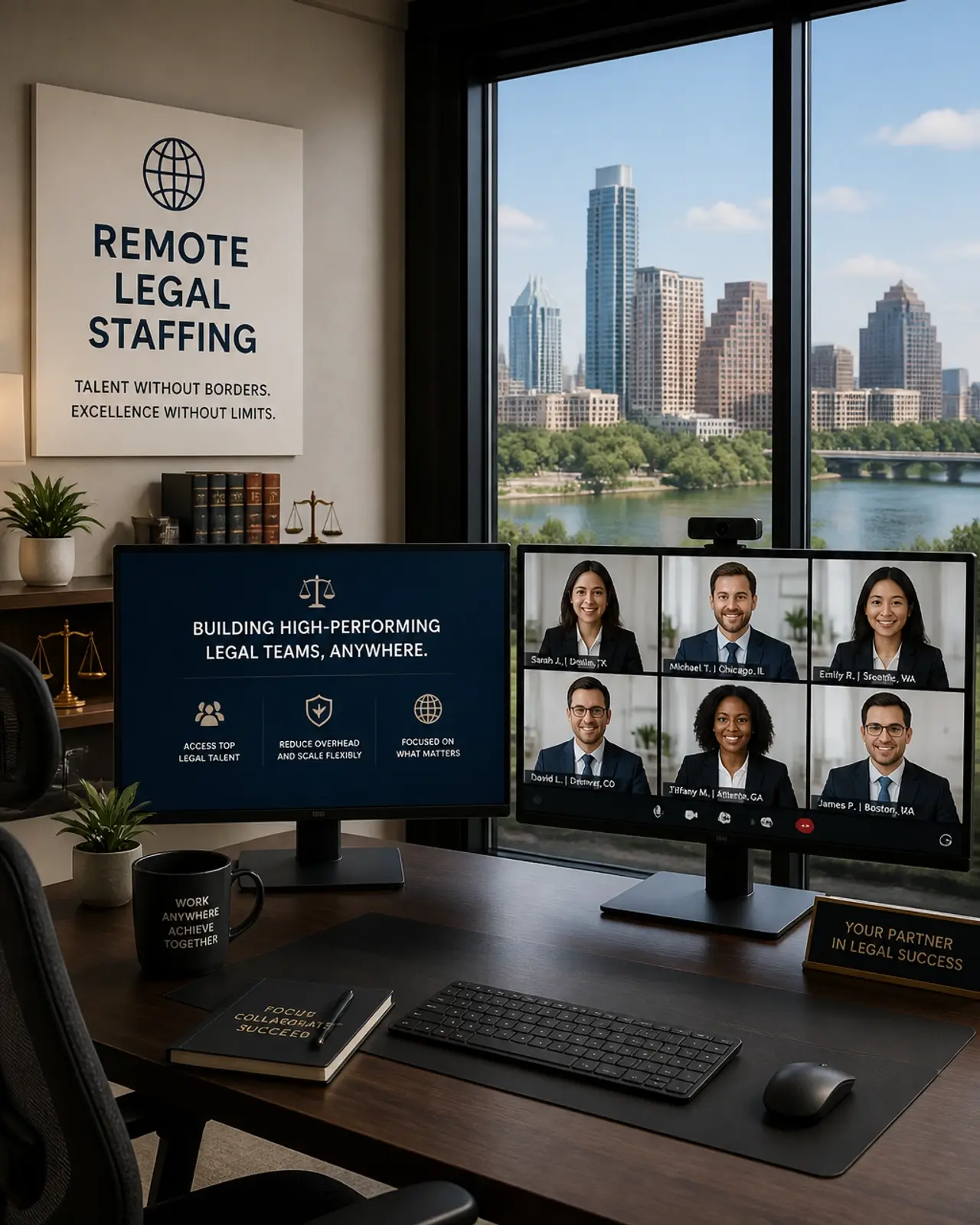 A modern remote workspace with a video conference active, illustrating the power of remote legal recruiting and borderless talent strategies.
