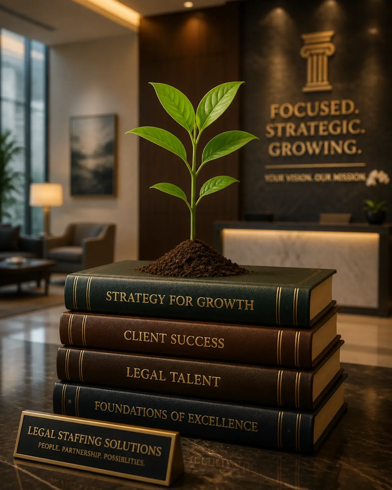 A small plant growing from law books in a modern law office lobby, representing the successful growth of a firm through strategic legal staffing solutions.