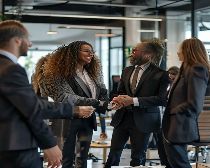 A diverse group of legal professionals in a collaborative, professional setting, shaking hands and discussing strategy, illustrating the long-term success of direct-hire recruiting.