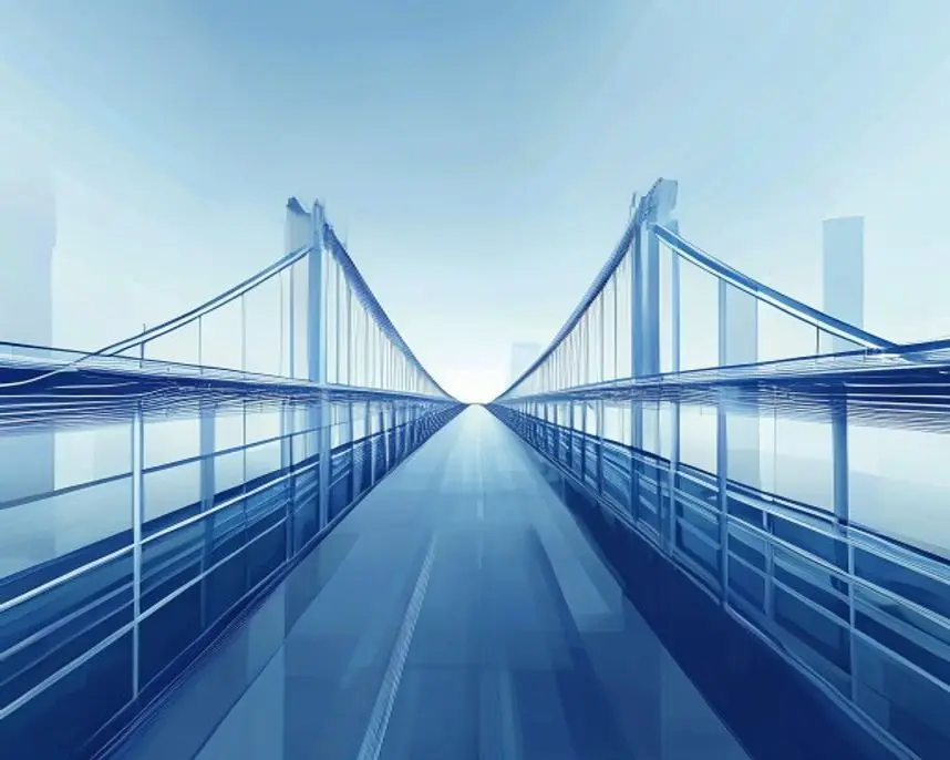 An abstract conceptual image of a bridge being built between two points, representing the connection between high-quality legal talent and law firm growth. Professional, clean, and modern aesthetic.