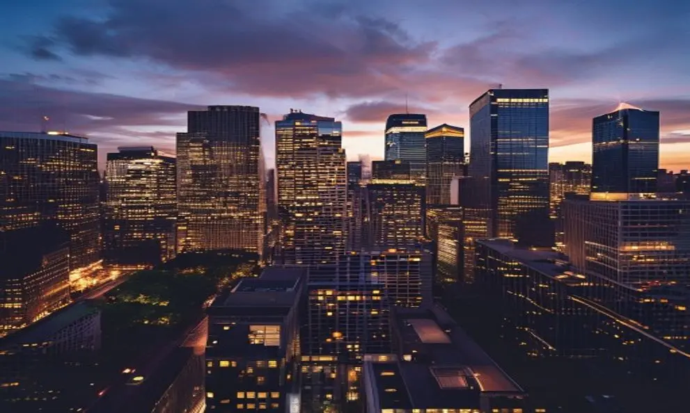 The Houston, Texas skyline at dusk, with the legal district highlighted, representing a thriving market for legal professionals and the home of SHER Legal Solutions.