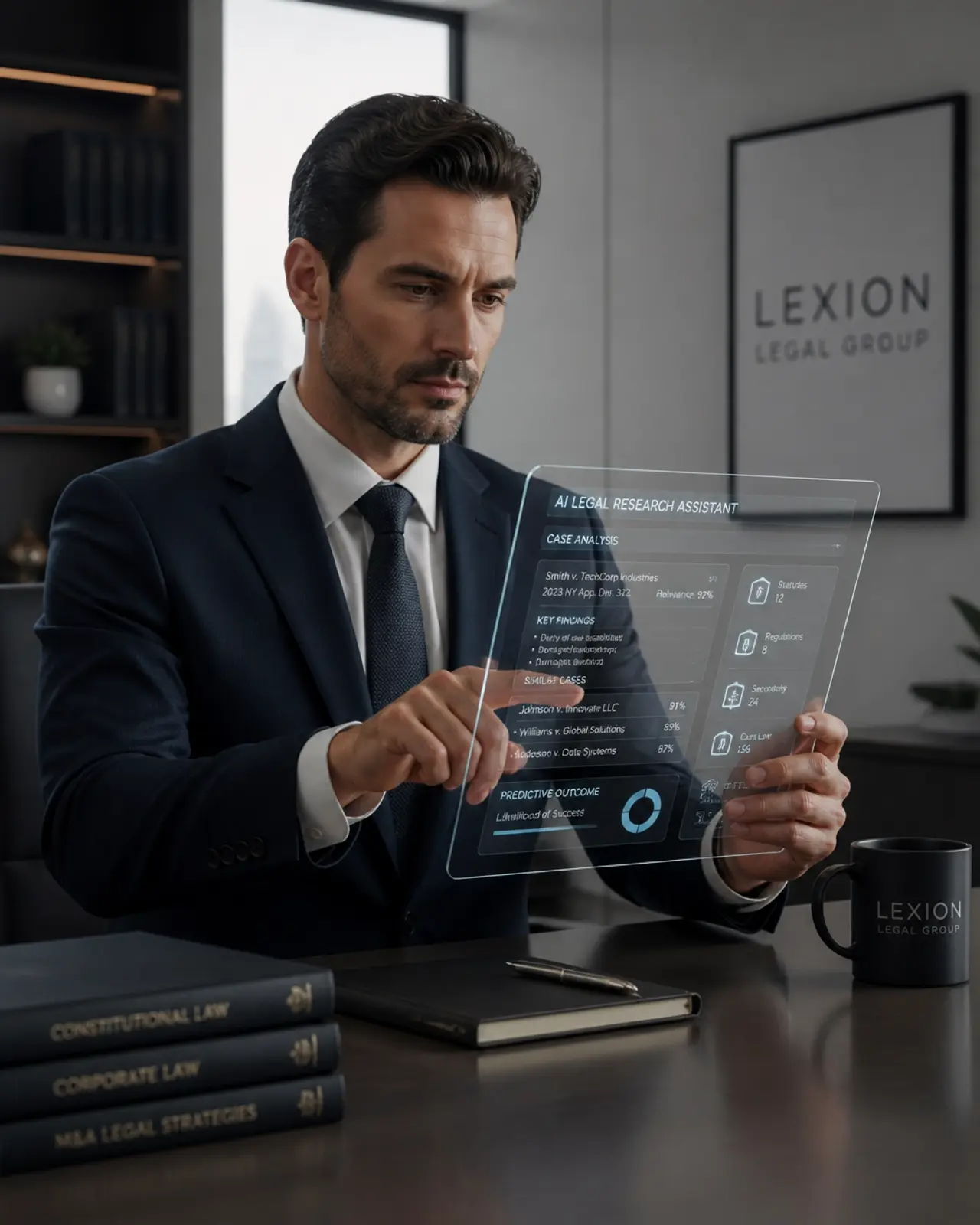 A professional attorney working with a sleek transparent tablet showing AI-assisted legal research data.