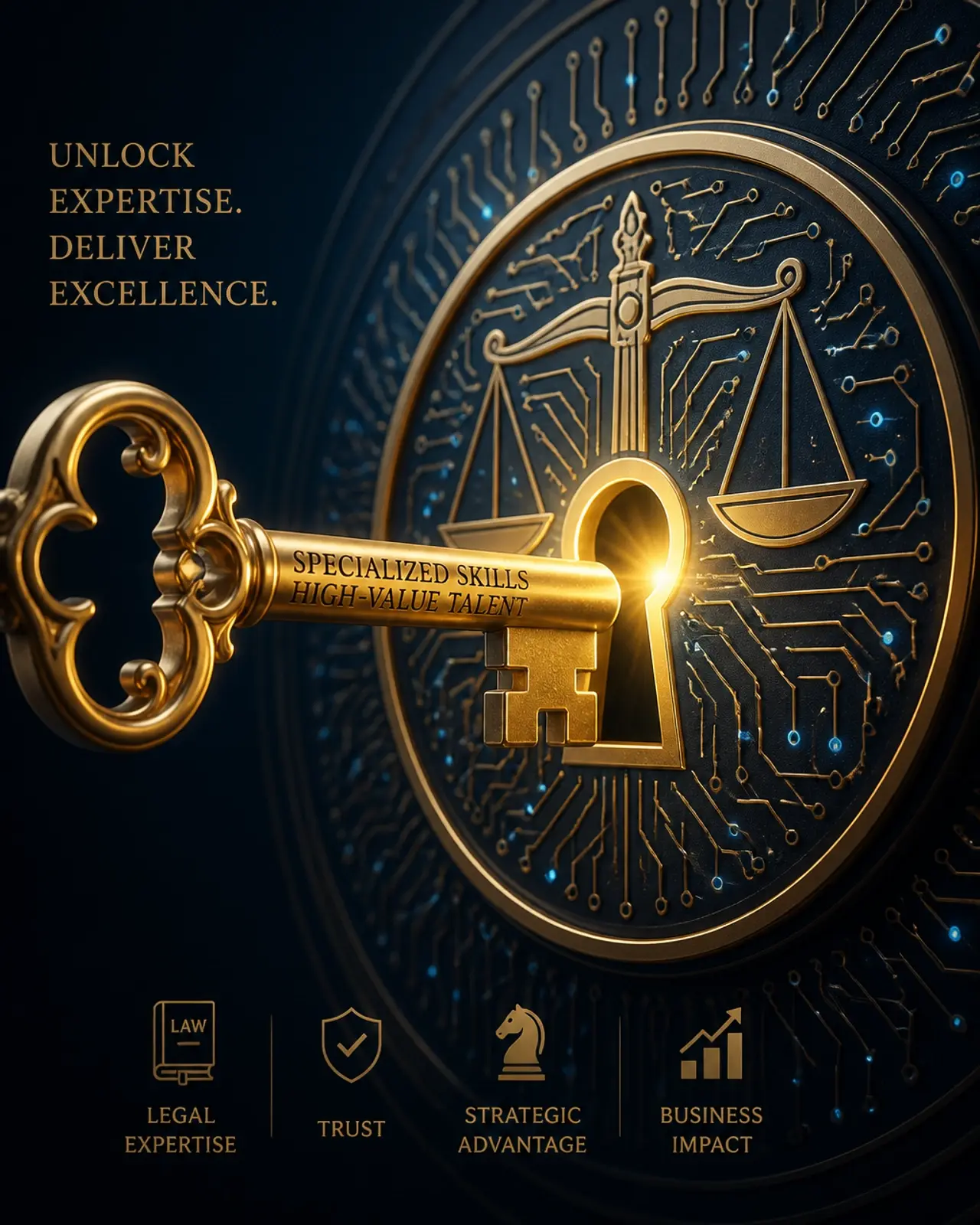 Conceptual image of a golden key unlocking a digital lock made of legal scales.