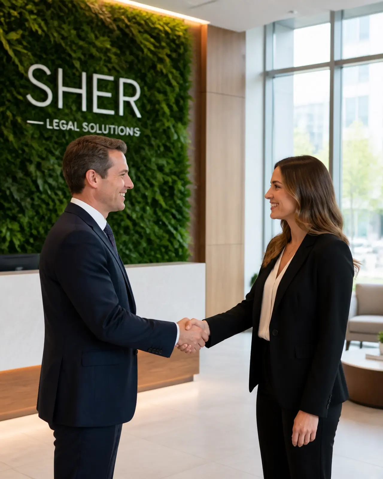 A partner and a legal recruiter shaking hands in a bright, modern lobby.