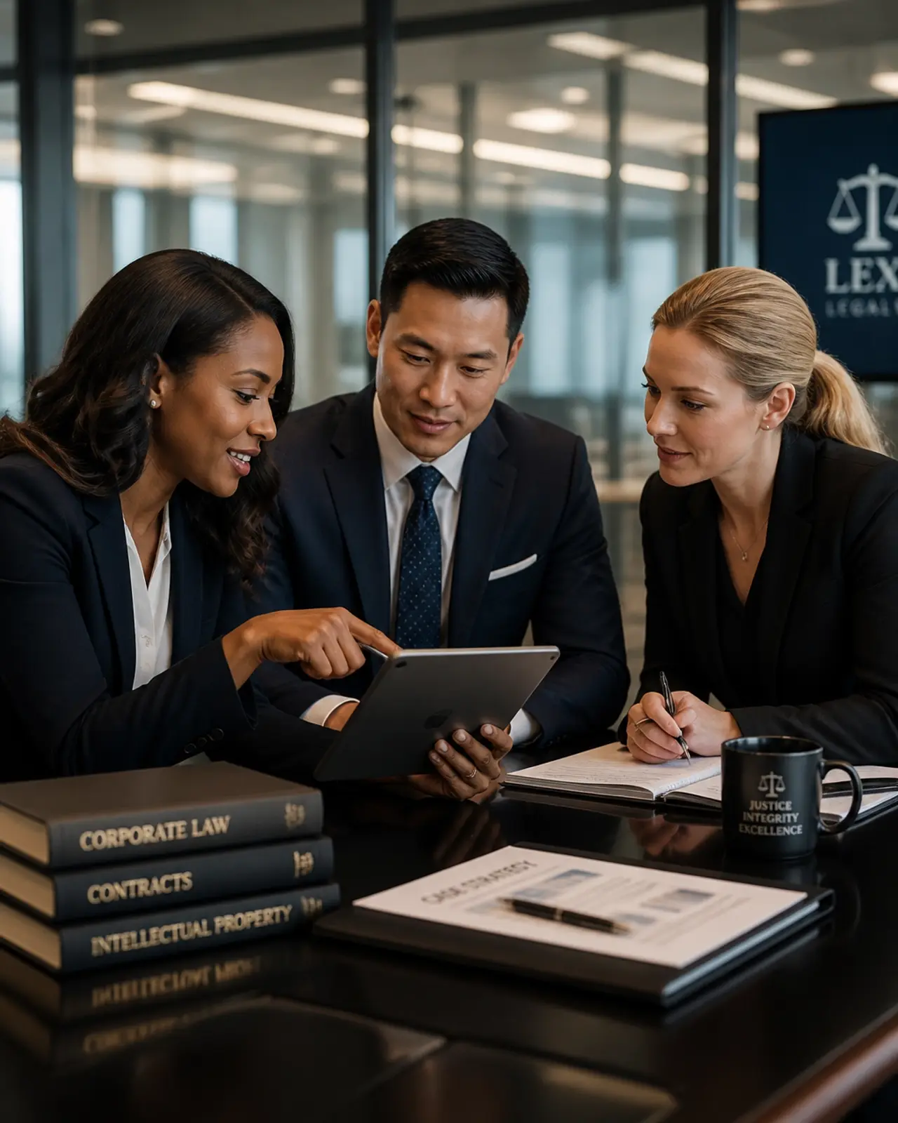 A diverse group of legal professionals collaborating in a high-tech conference room, focusing on a digital tablet.