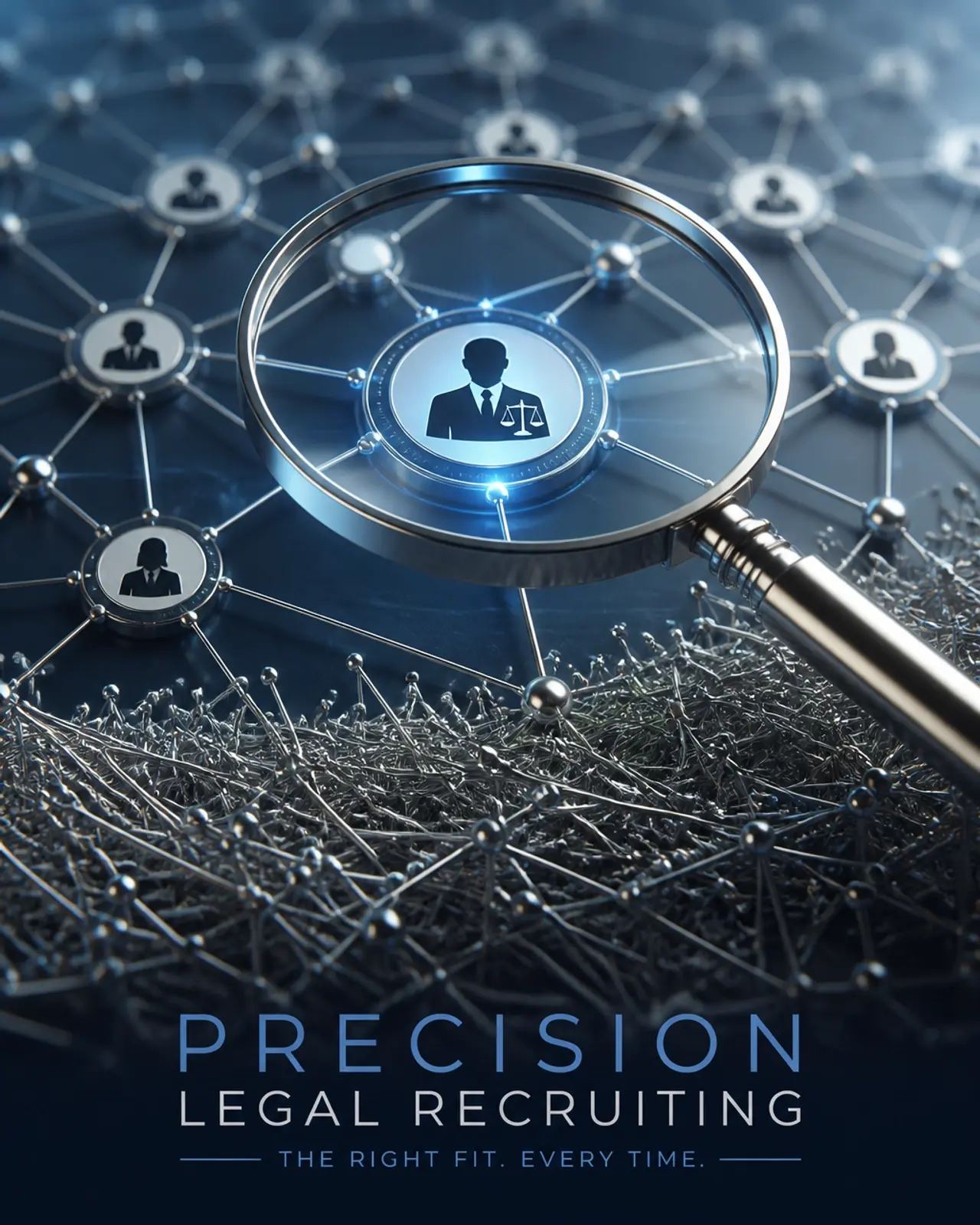 An abstract representation of precision legal recruiting showing a magnifying glass over a network of talent nodes.