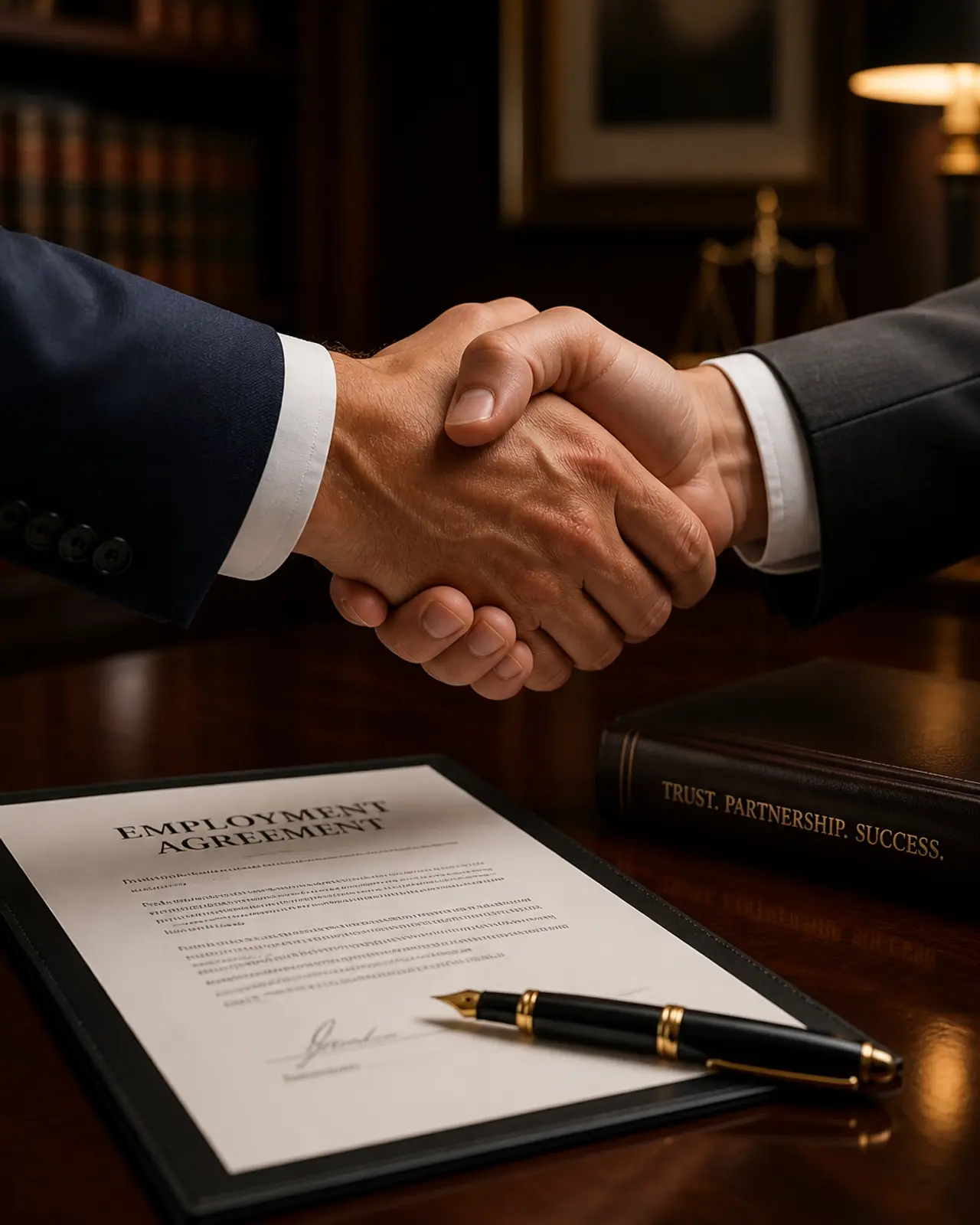 A close-up of a professional handshake over a mahogany desk, symbolizing a successful legal placement.