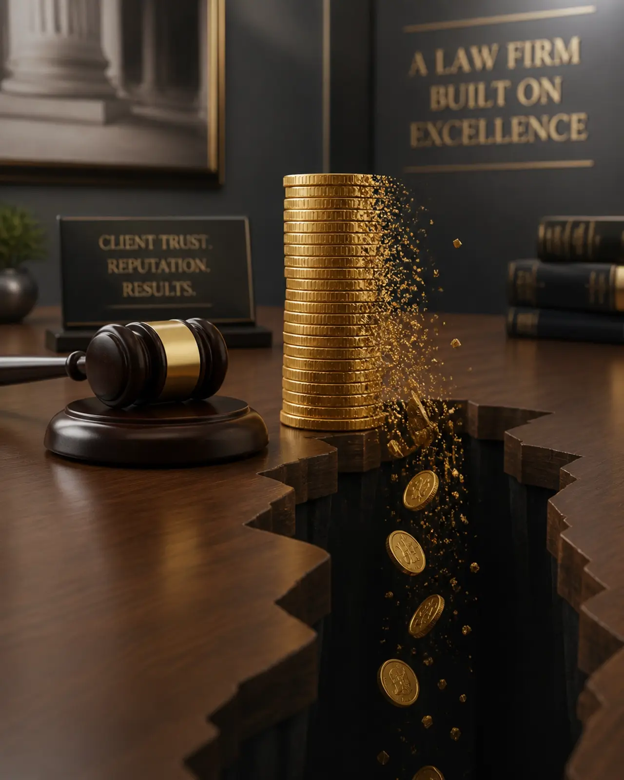 A conceptual illustration showing gold coins dissolving next to a legal gavel, representing the hidden financial drain of poor hiring decisions.