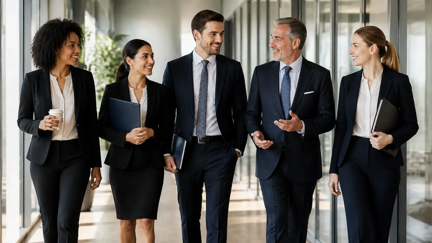 A diverse team of successful legal professionals walking through a modern office, symbolizing a unified and well-placed team.