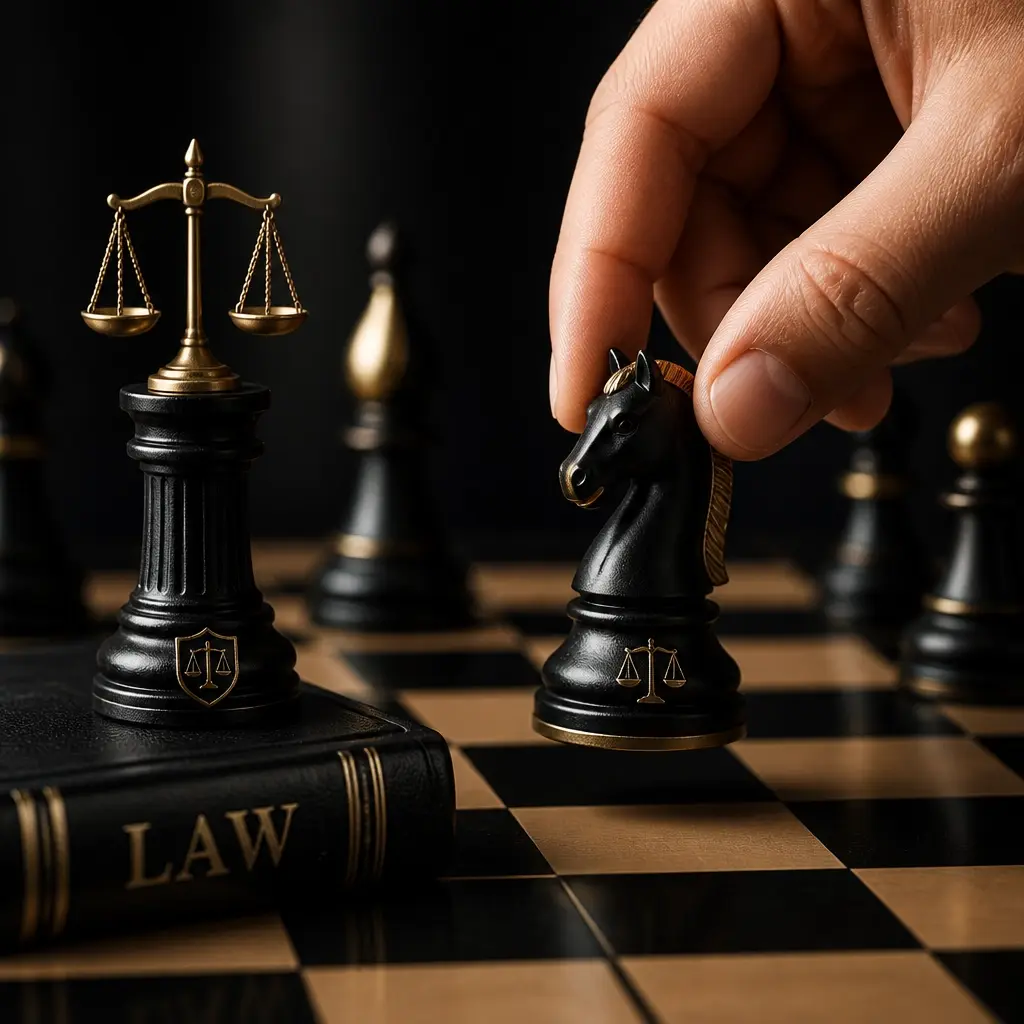 A hand moving a knight piece on a chess board with legal symbols, representing strategic talent placement.