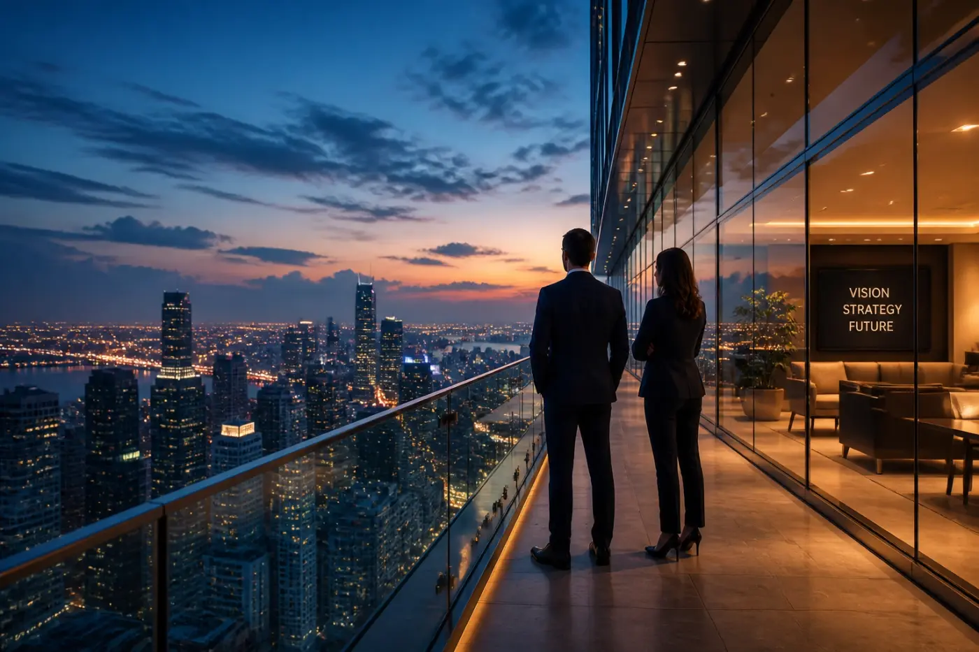 Partners overlooking a city cityscape, symbolizing successful growth with legal recruiting agencies.