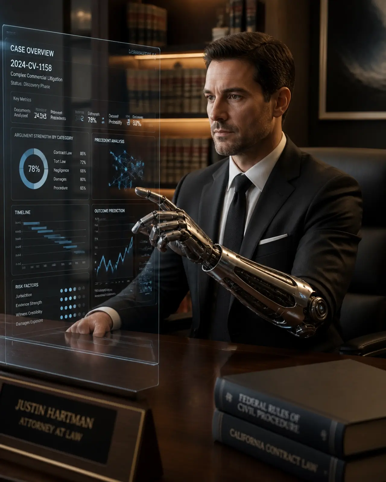A professional portrait of a modern 'Bionic' attorney in a stylish office, looking at a high-tech transparent screen showing complex data visualizations and legal case analytics.