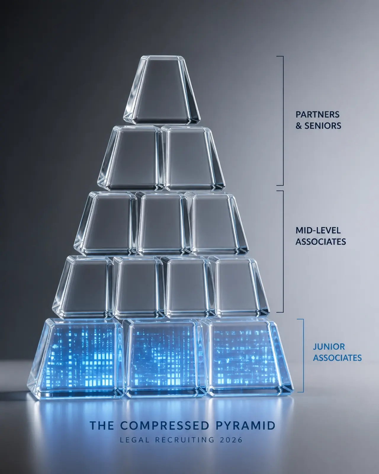 A conceptual image showing a pyramid made of glass blocks where the bottom is smaller and digital, while the top is solid, representing the compressed pyramid trend.