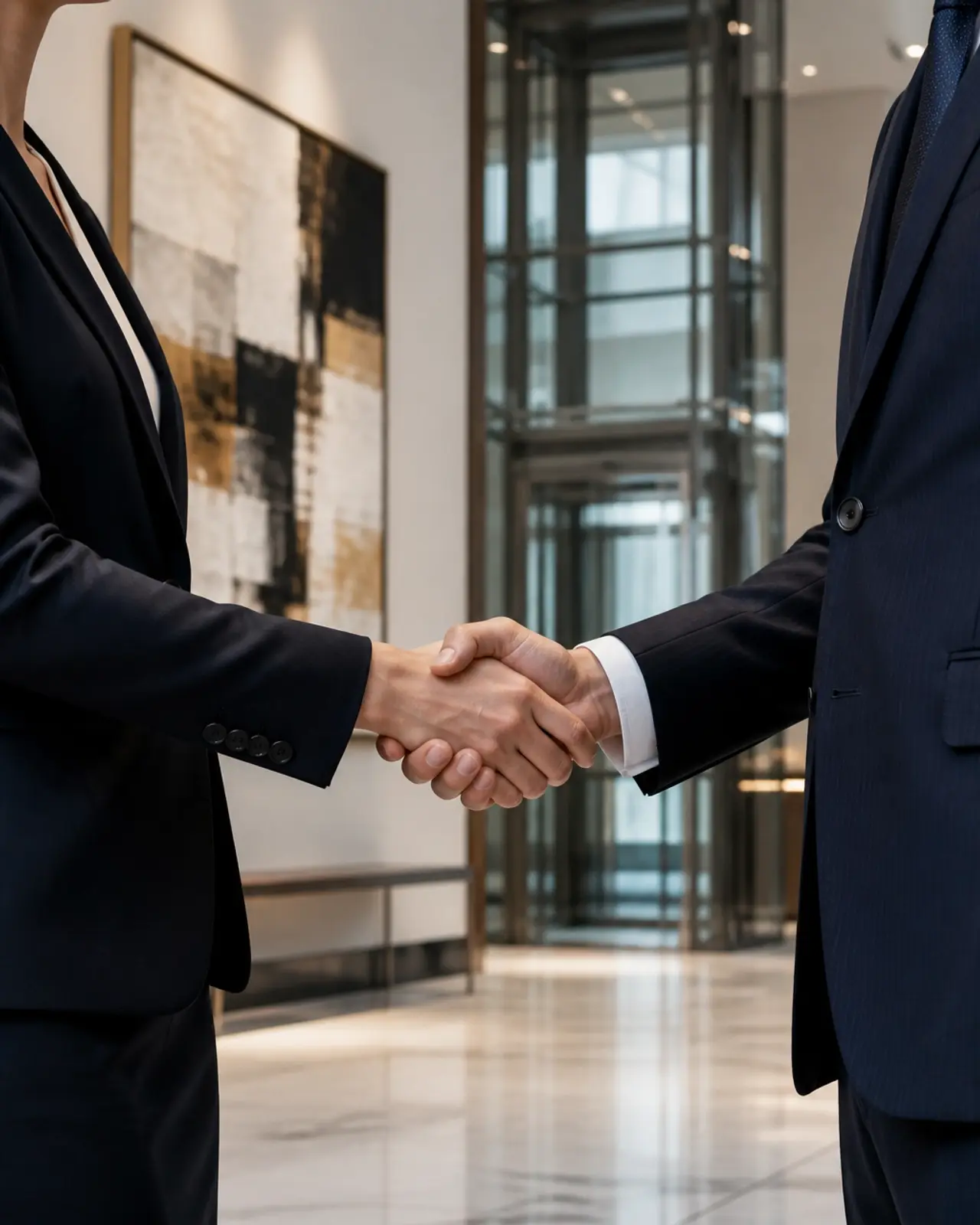 A close-up of two professionals shaking hands in a high-end corporate lobby, representing a legal headhunter and a law firm partner.