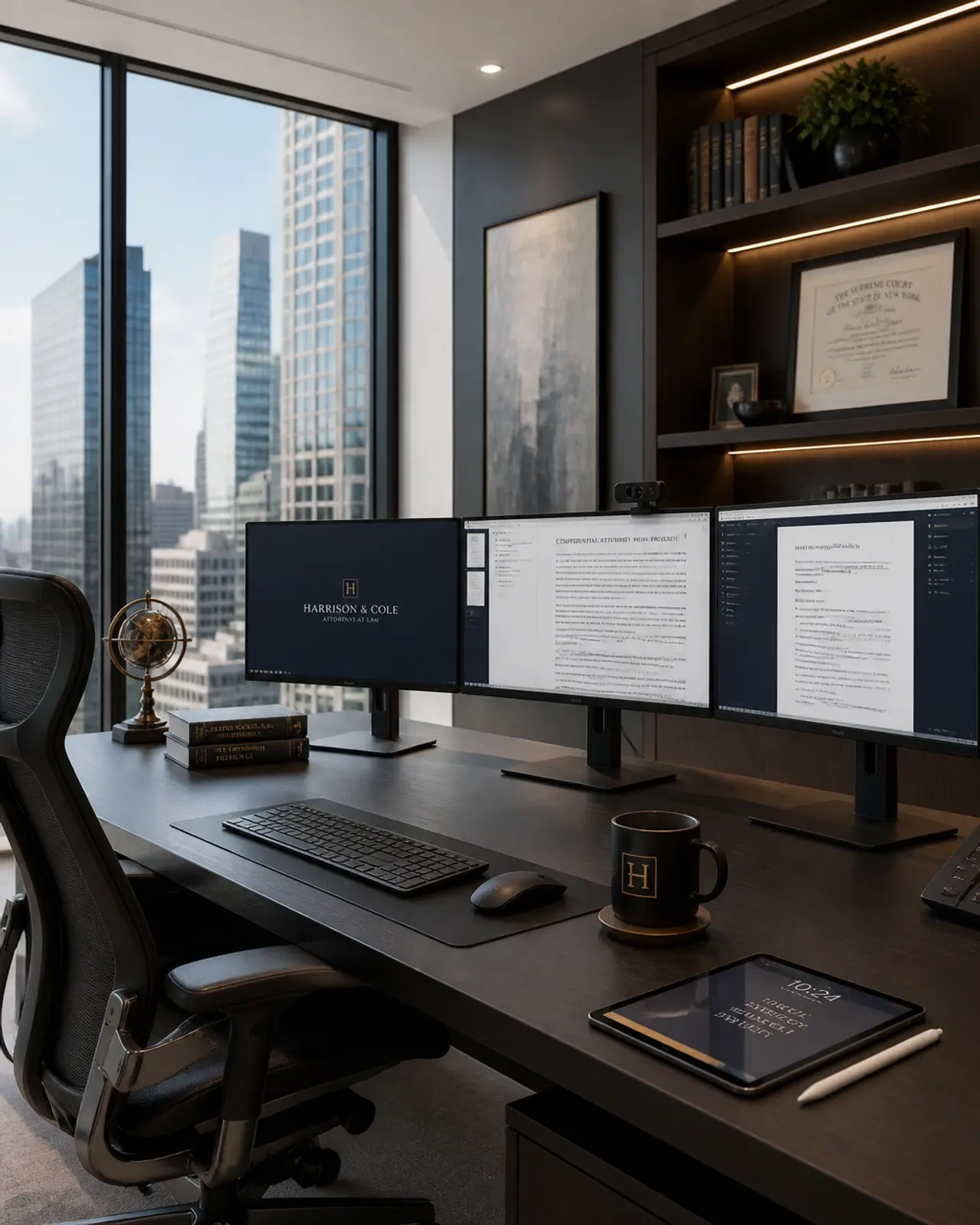 A sleek, high-end home office of a senior attorney in 2026 showing a modern urban landscape through the window.