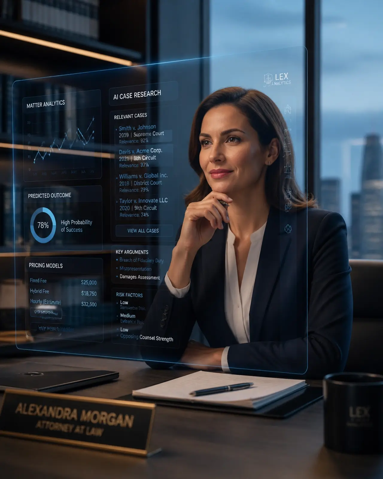 Confident female attorney using high-tech data analytics screen