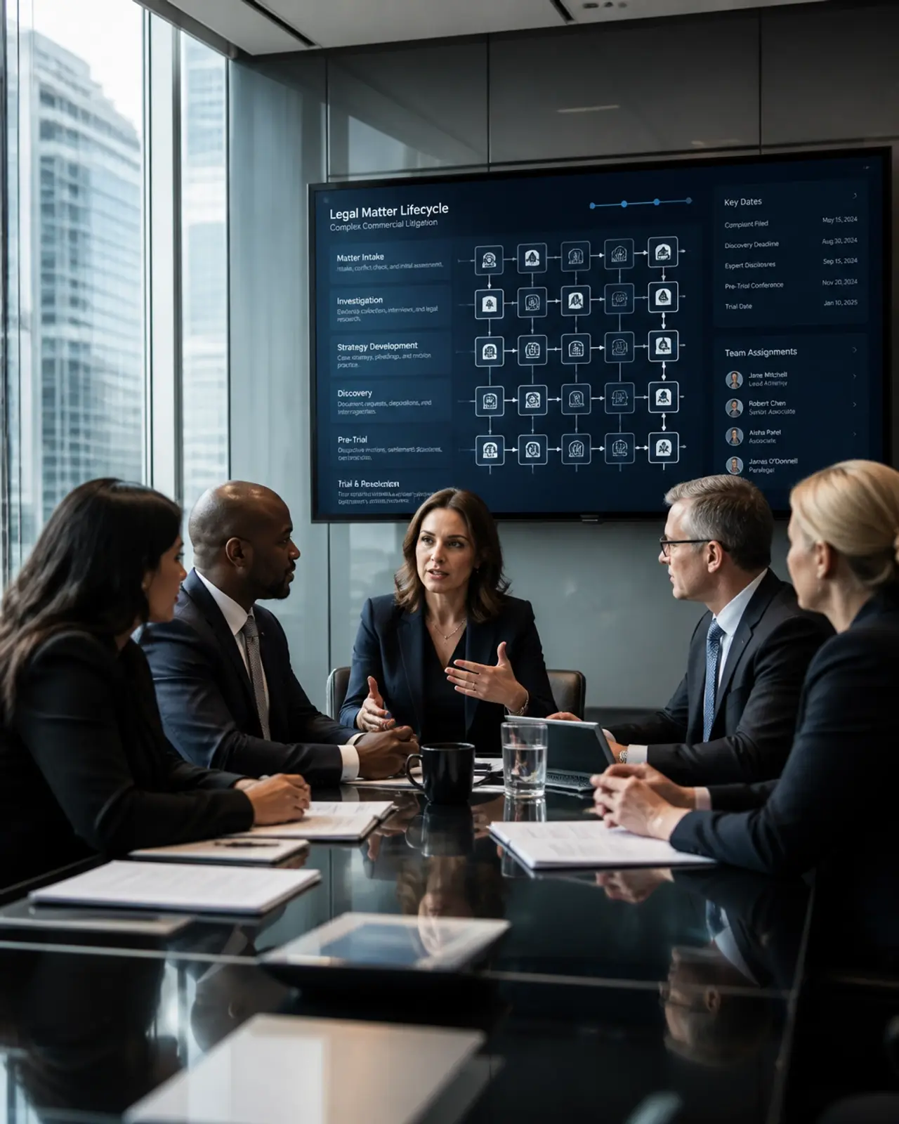 Diverse legal team collaborating in a glass-walled conference room