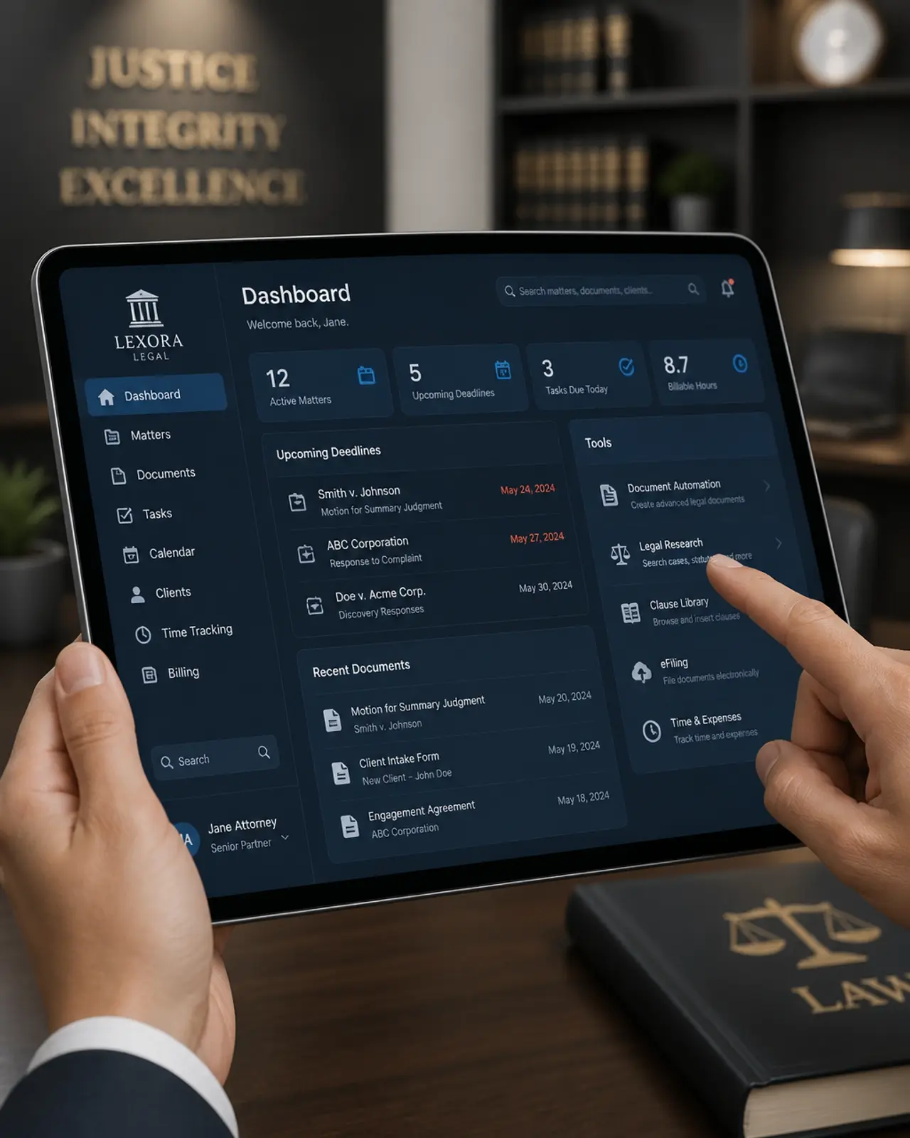 Close-up of hands using a sleek modern legal technology interface